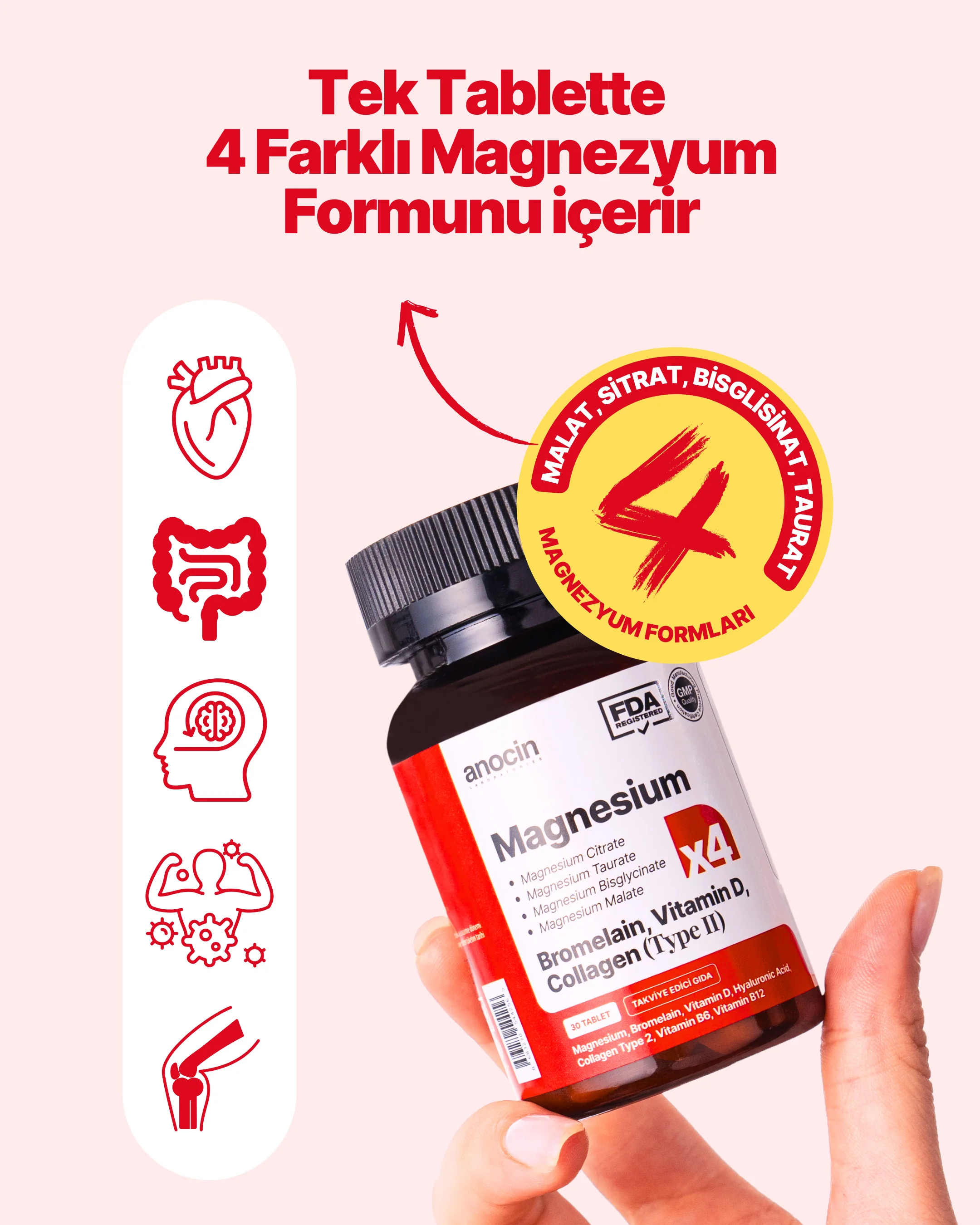 Magnezyum X4 - Sitrat, Taurat, Bisglisinat, Malat + Bromelain, D Vitamini, Kolajen (Tip 2), B6 Vitamini ve B12 Vitamini - Image 3