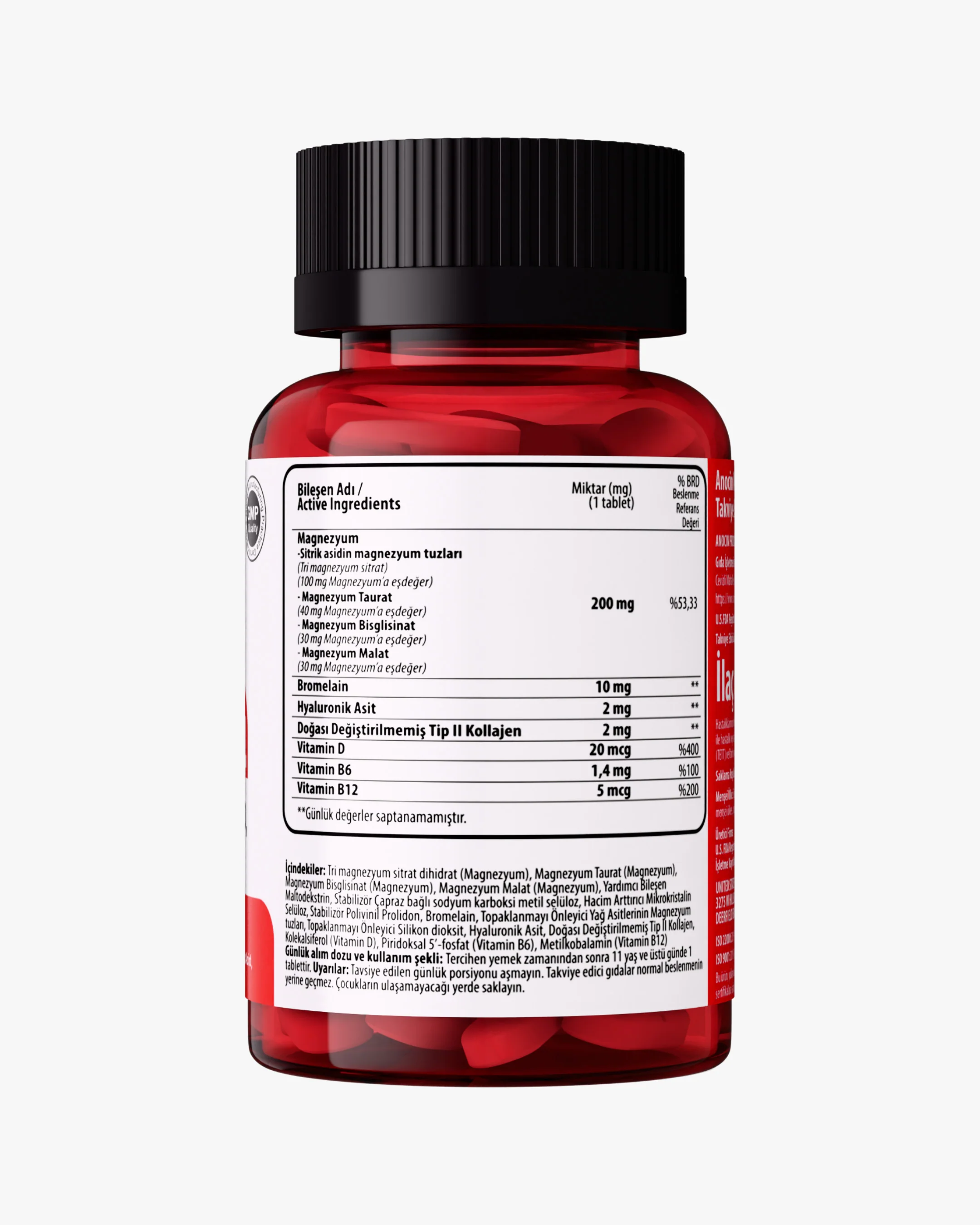 Magnezyum X4 - Sitrat, Taurat, Bisglisinat, Malat + Bromelain, D Vitamini, Kolajen (Tip 2), B6 Vitamini ve B12 Vitamini - Image 5